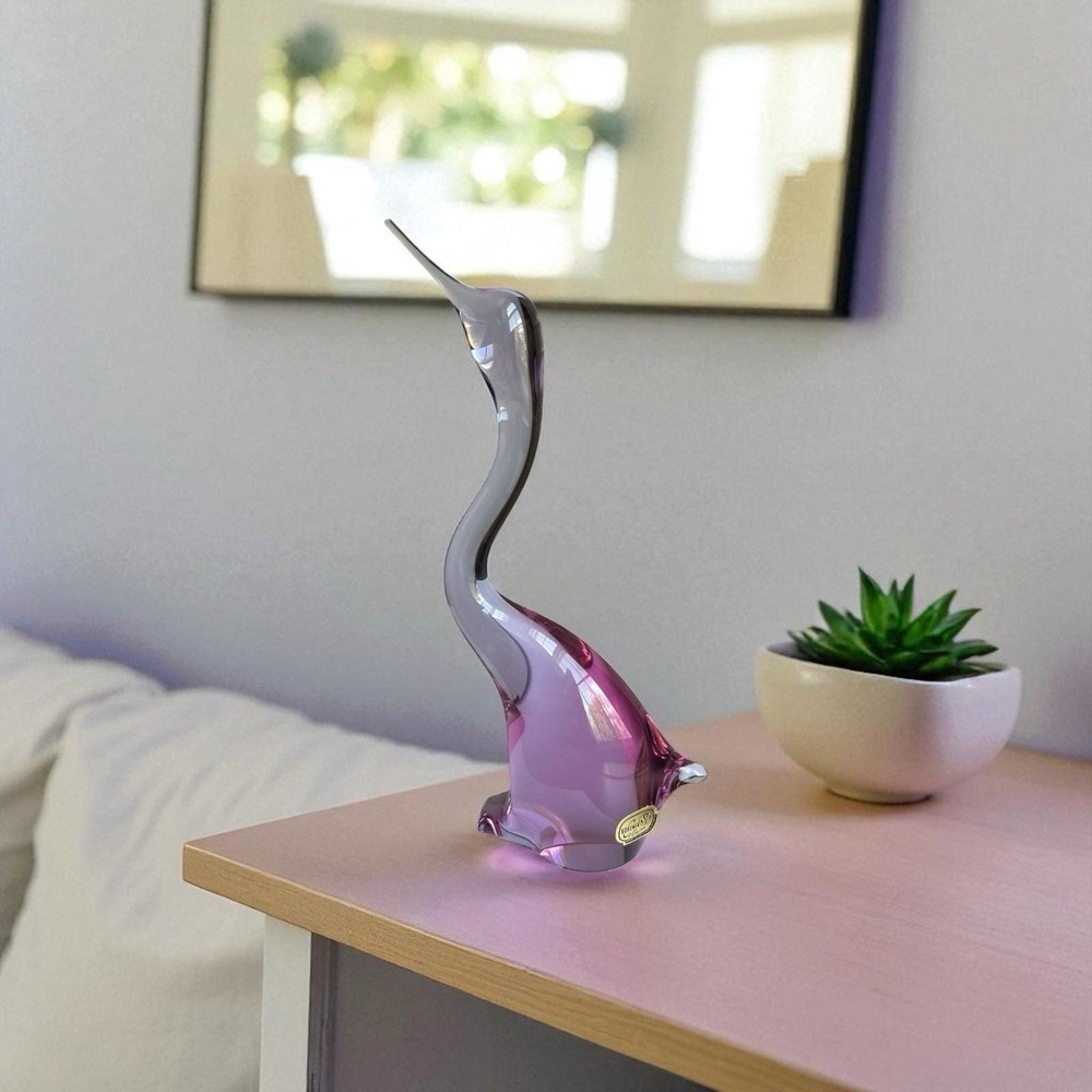 VINTAGE Czech ART GLASS MCM Amethyst Purple EPIC EGRET‎ LONG NECK BIRD SCULPTURE
